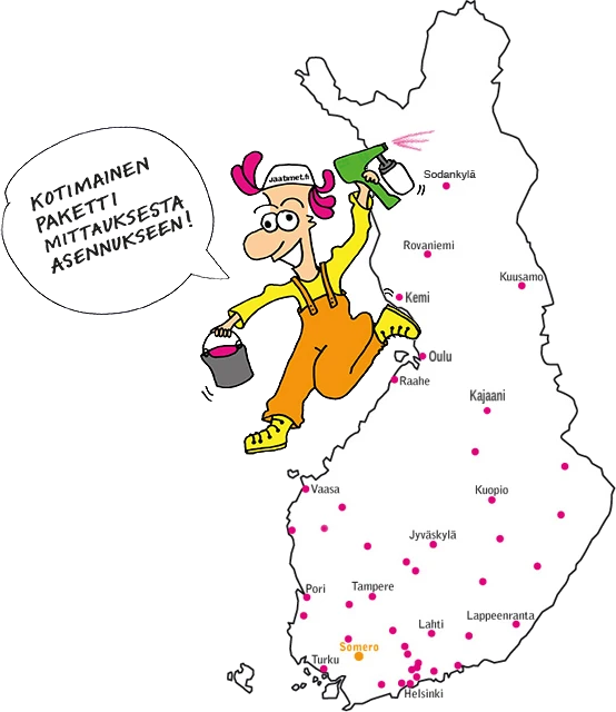 Piirretty Suomen kartta, jossa Jaatimetin toteutuneet toimituskohteet on merkitty pisteinä eteläisestä Suomesta Lappiin asti. Kartalla nimetyt kaupungit ovat Helsinki, Turku, Tampere, Lahti, Pori, Jyväskylä, Kuopio, Kajaani, Lappeenranta, Vaasa, Raahe, Oulu, Kemi, Kuusamo, Rovaniemi ja Sodankylä, ja valmistuspaikkakunta Somero on korostettu omalla värillään. Kartan vieressä on piirroshahmo ja teksti kotimaisesta paketista mittauksesta asennukseen.
